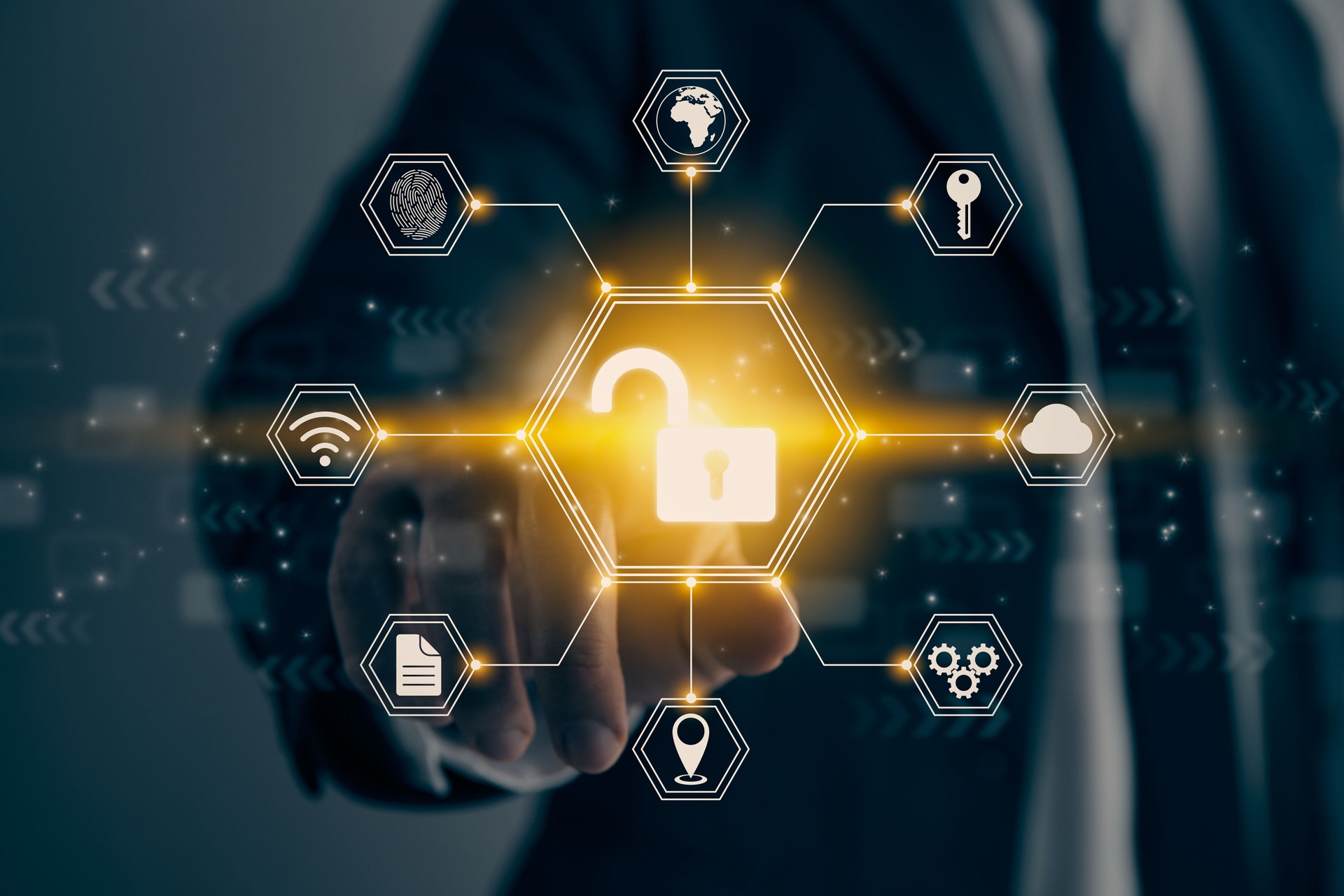 Businessman Hand and Finger Touching Screen and Hexagon Unlock Security Sign in Vintage Tone