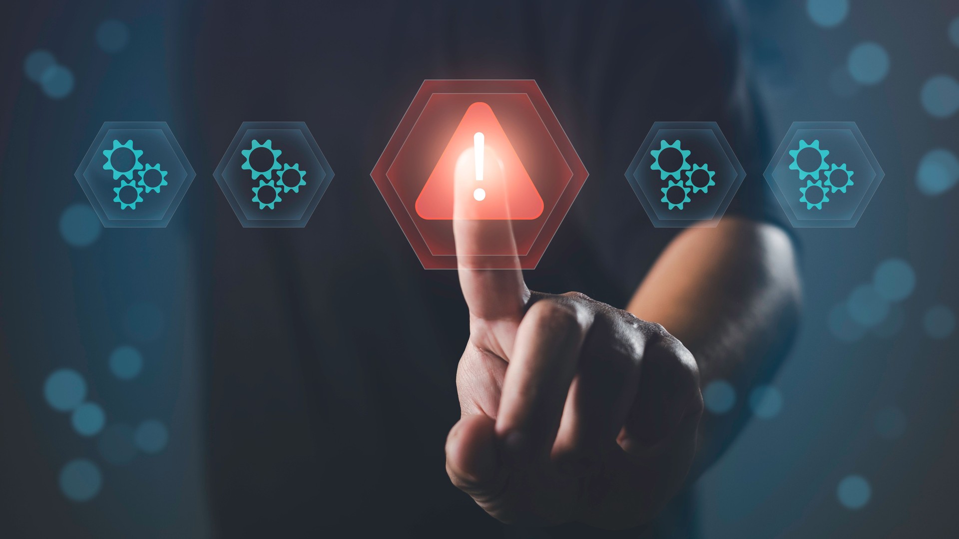 Finger pointing at alert icon among system gears, representing issue detection, problem identification, system error, troubleshooting, and technical warning in digital operations.