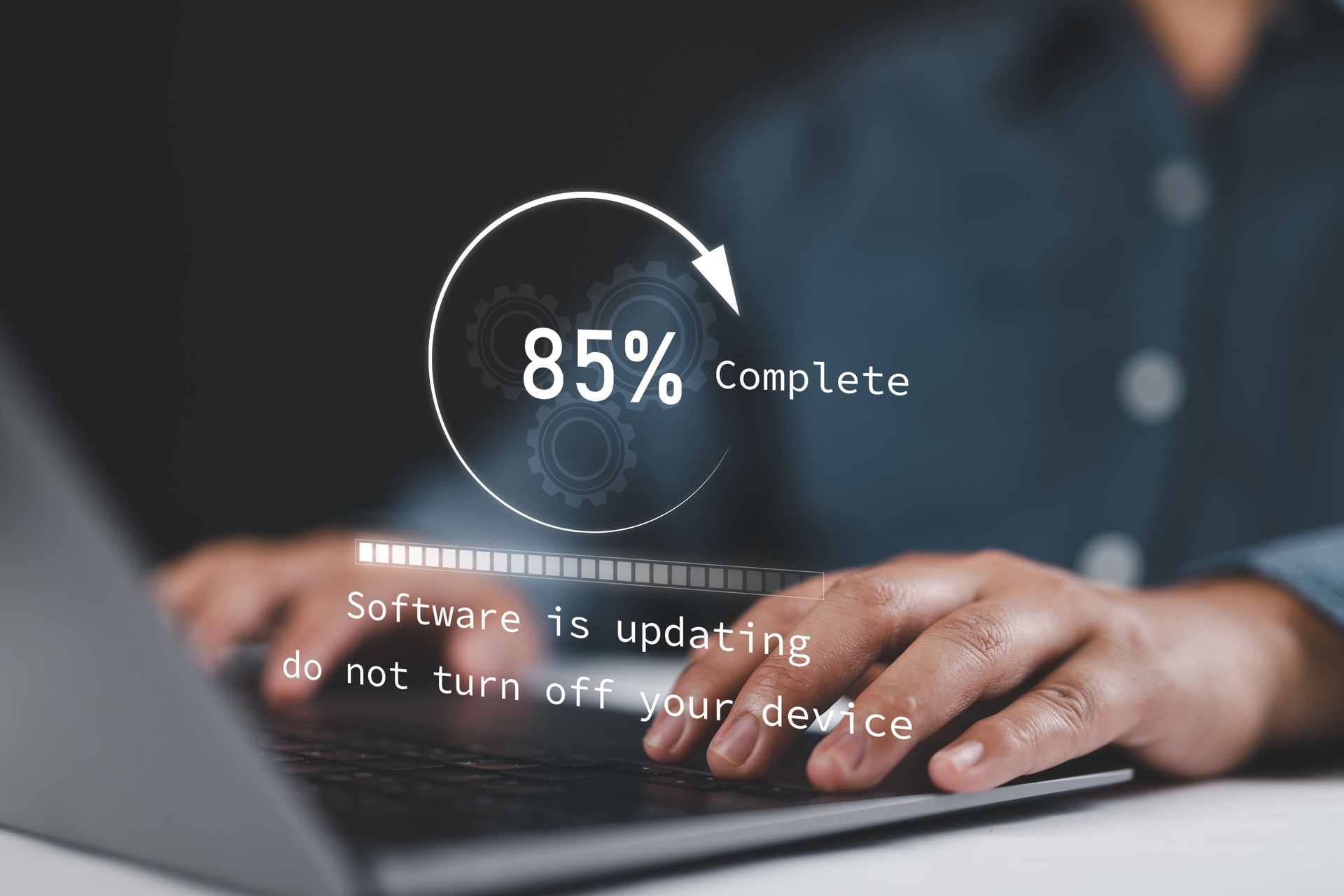 Operating system, Firmware, OS upgrade with loading progress screen. Software update to improve functionality in the new version. Fix or patch security bugs. Man working and installing update process.